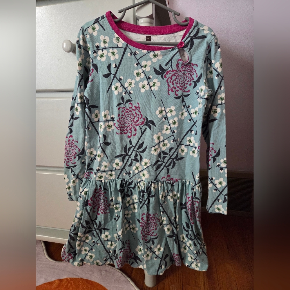 Tea Collection Light Blue Floral Long-Sleeve Dress with Pink Trim Size 7